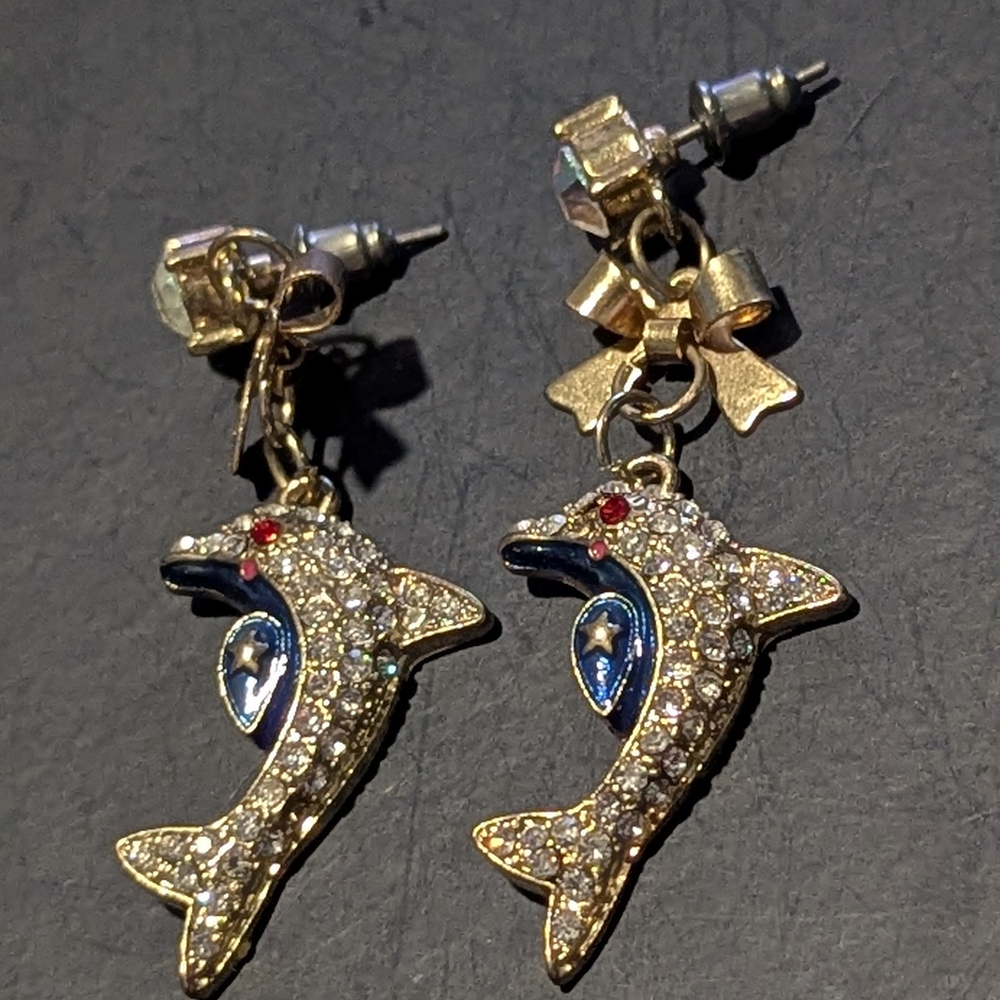 Betsey Johnson Gold and Blue Dolphin Earrings